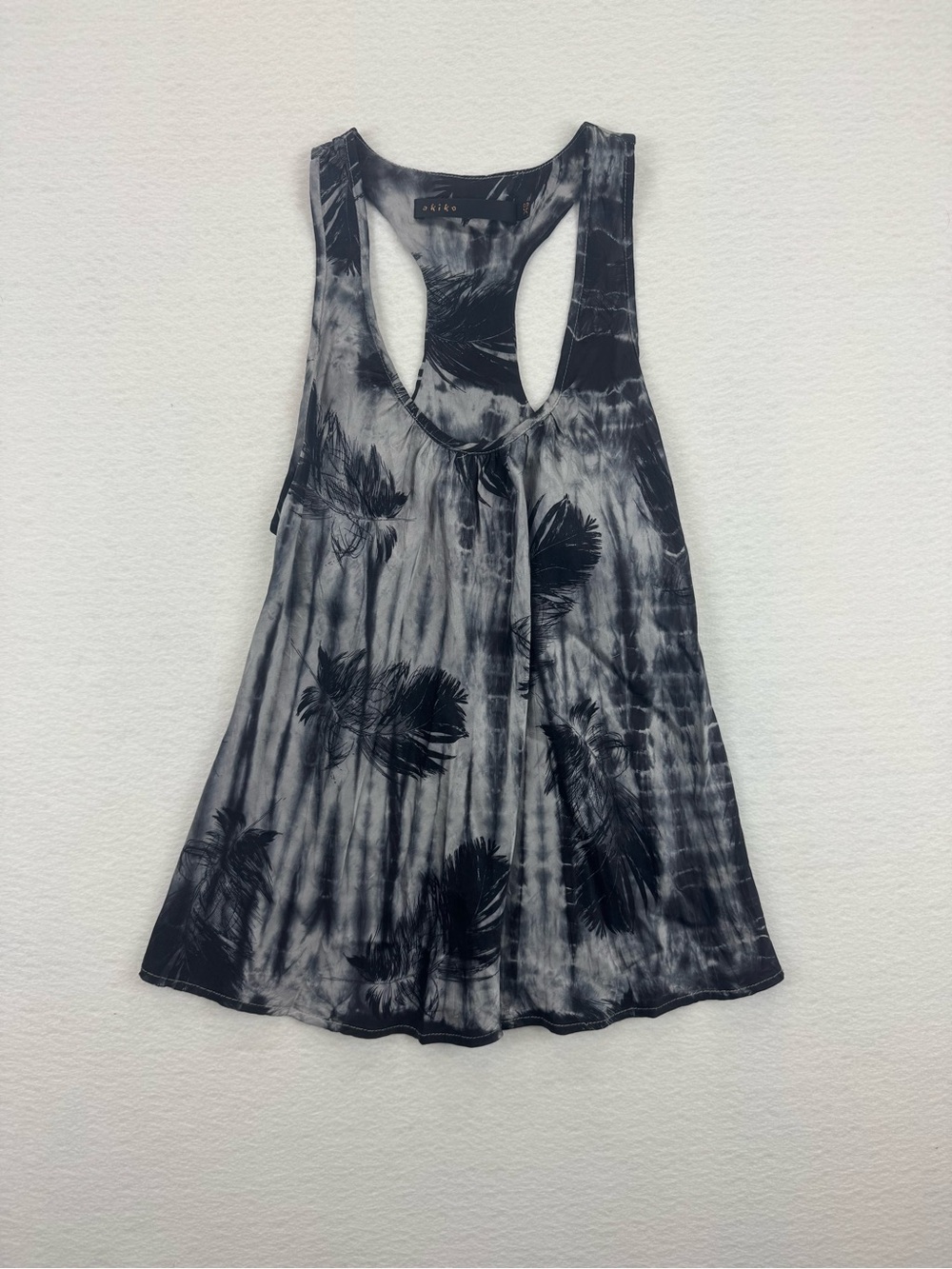 Akiko Black Grey Tie Dye Feather Print 100% Silk Racerback Tank Top Size XS